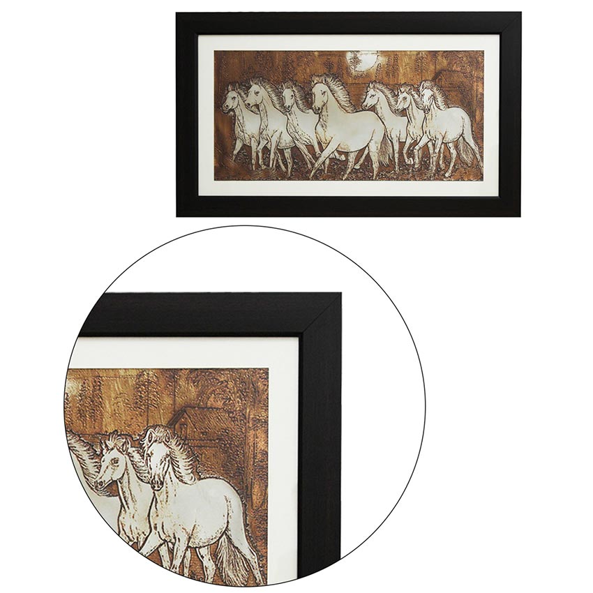 Seven Horses Running Wall Painting With Brown Frame | 28 x 16 inches