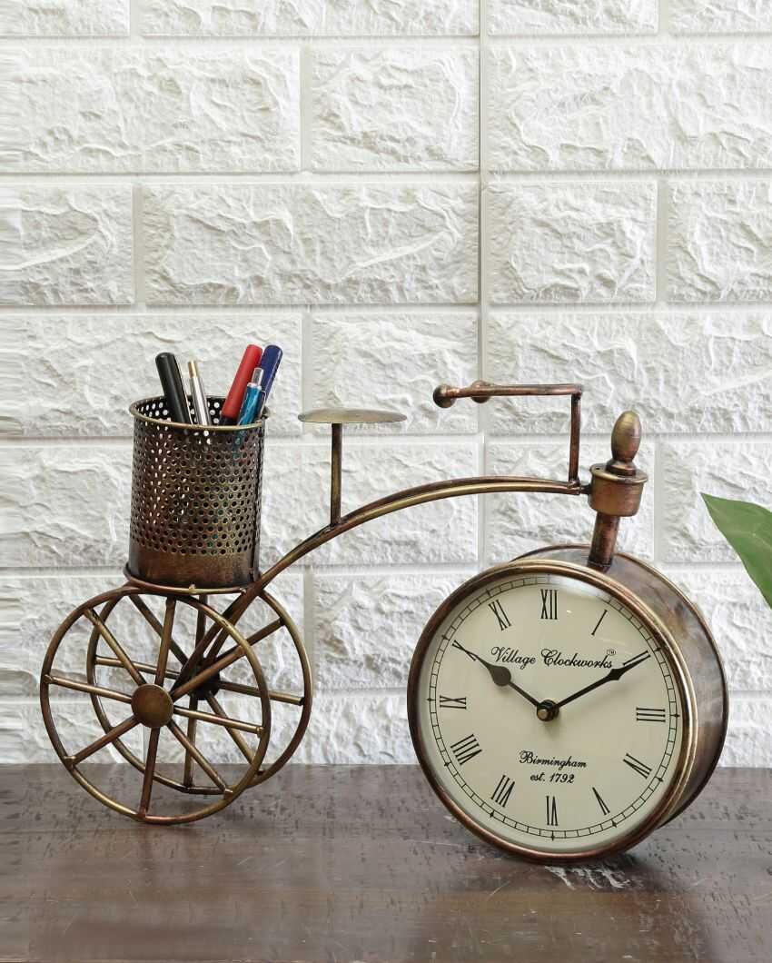 Cycle Design Metal Table Clock attached Pen Stand | 12 x 5 x 10 inches