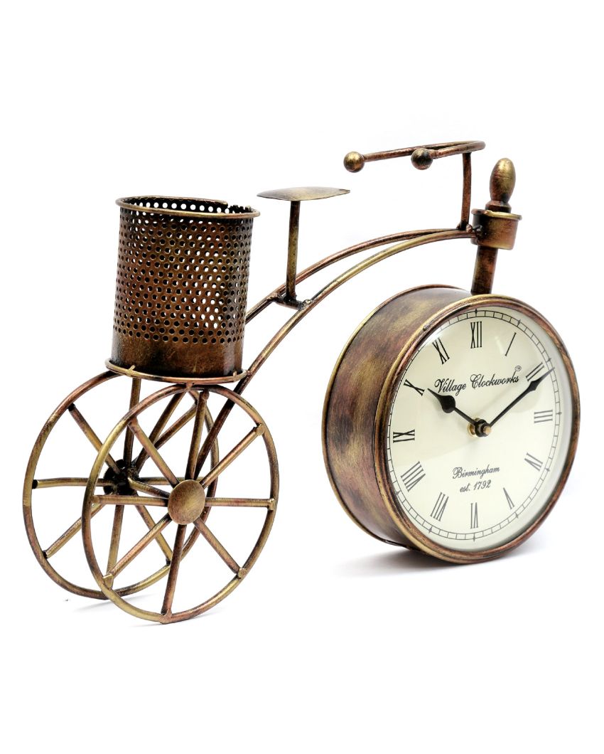 Cycle Design Metal Table Clock attached Pen Stand | 12 x 5 x 10 inches