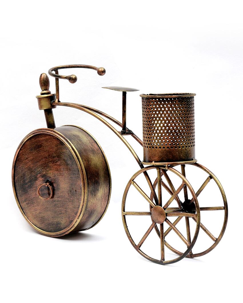 Cycle Design Metal Table Clock attached Pen Stand | 12 x 5 x 10 inches