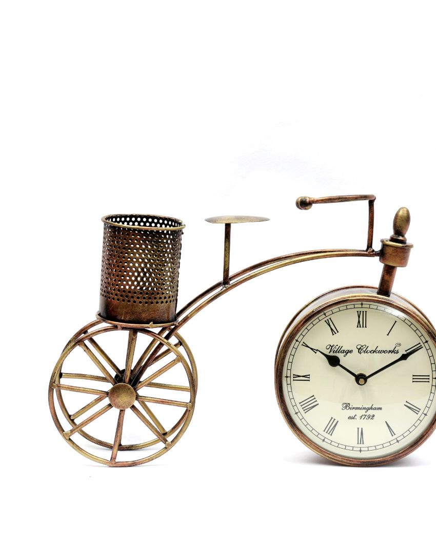Cycle Design Metal Table Clock attached Pen Stand | 12 x 5 x 10 inches