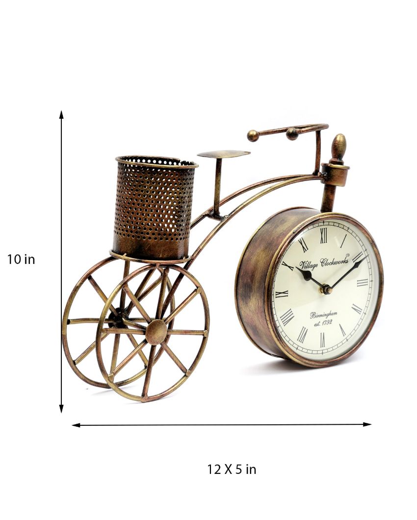 Cycle Design Metal Table Clock attached Pen Stand | 12 x 5 x 10 inches