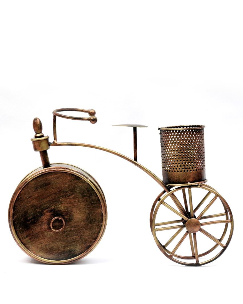 Cycle Design Metal Table Clock attached Pen Stand | 12 x 5 x 10 inches