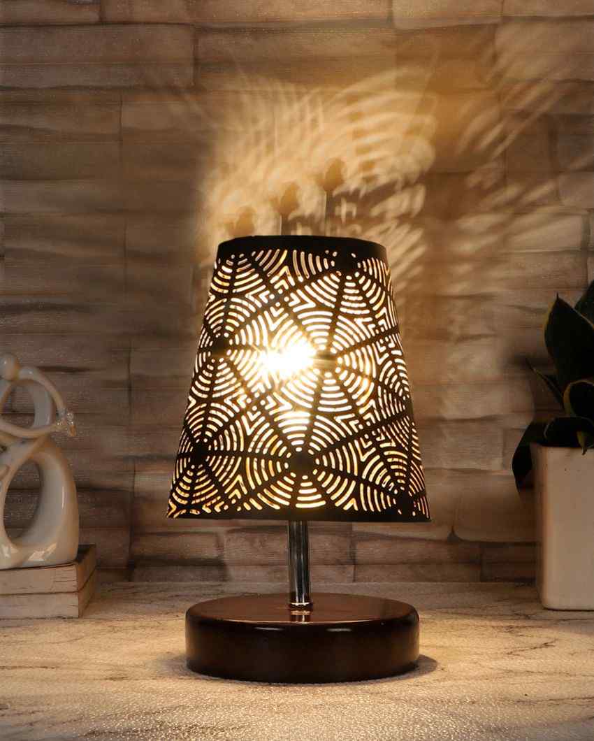 Round Metal Etching Table Lamp With Brown Wood Round Base