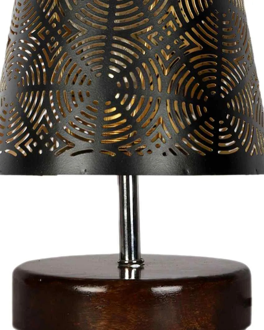 Round Metal Etching Table Lamp With Brown Wood Round Base
