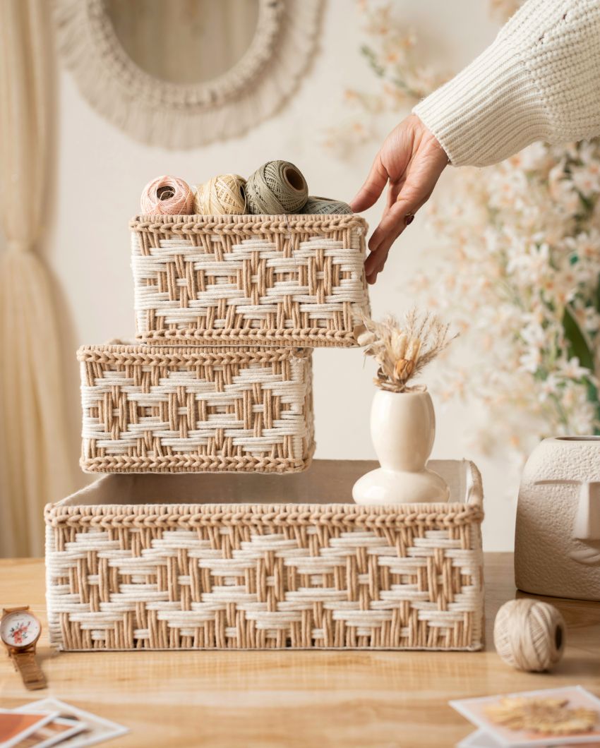 Mindful Satori Beige Cotton Basket Set | Set of 3
