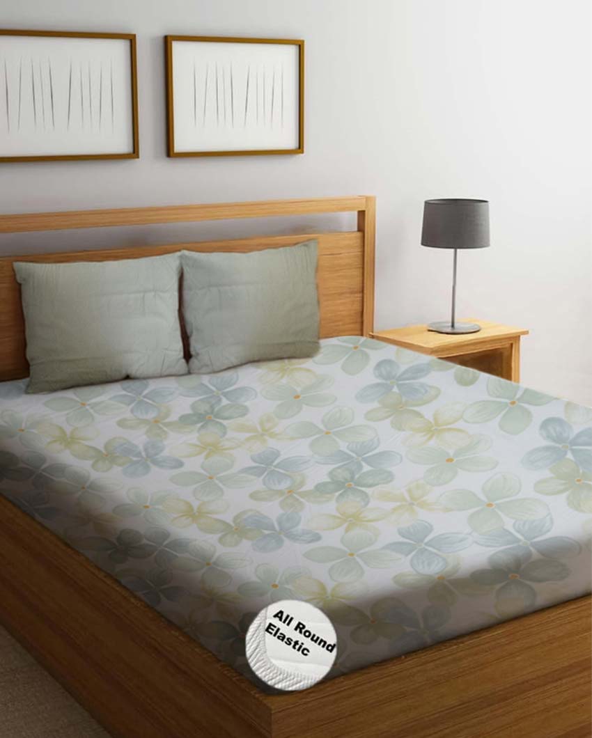 Colorful Flowers Design Cotton Mix Double Bed Fitted Bedsheet Set