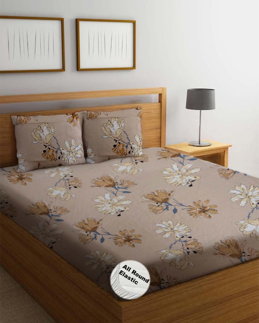 Elegant Floral Printed Cotton Mix Double Bed Fitted Bedsheet Set
