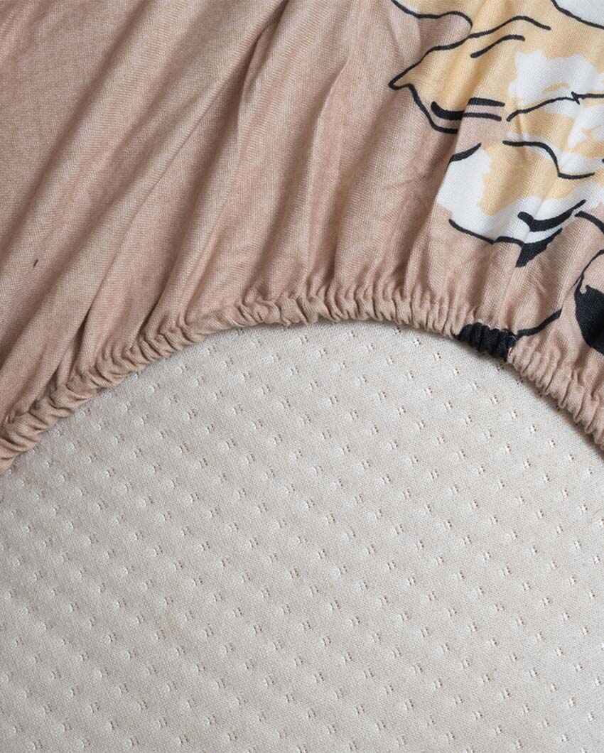 Elegant Floral Printed Cotton Mix Double Bed Fitted Bedsheet Set