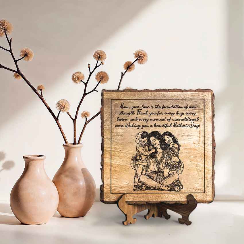 Calmcarve Handcrafted Mango Wood Brown Plaque with Stand Gift Set | 8 x 8 inches