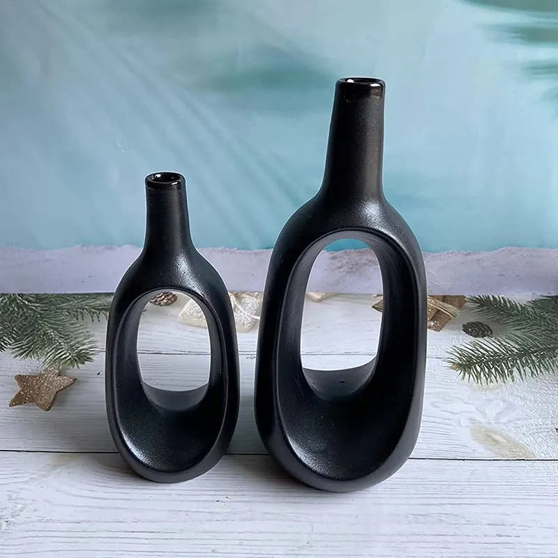 Modern Ceremic Vases Combo | Set of 2 | 8.5 Inches & 6.5 Inches Black