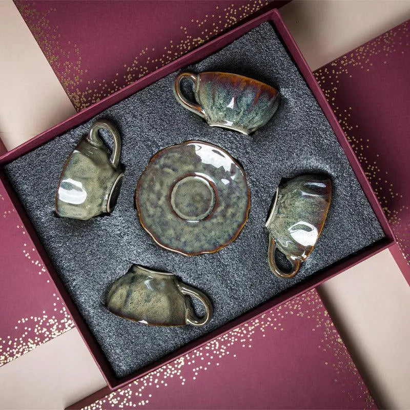 Olive Green Cups & Saucers Gift Box | Set of 4