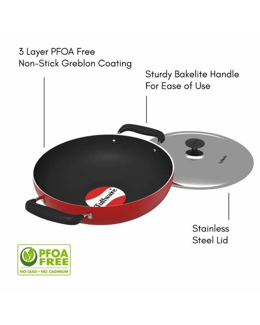 GREBLON Coating Non-Stick Deep Kadhai with Stainless Steel Lid
