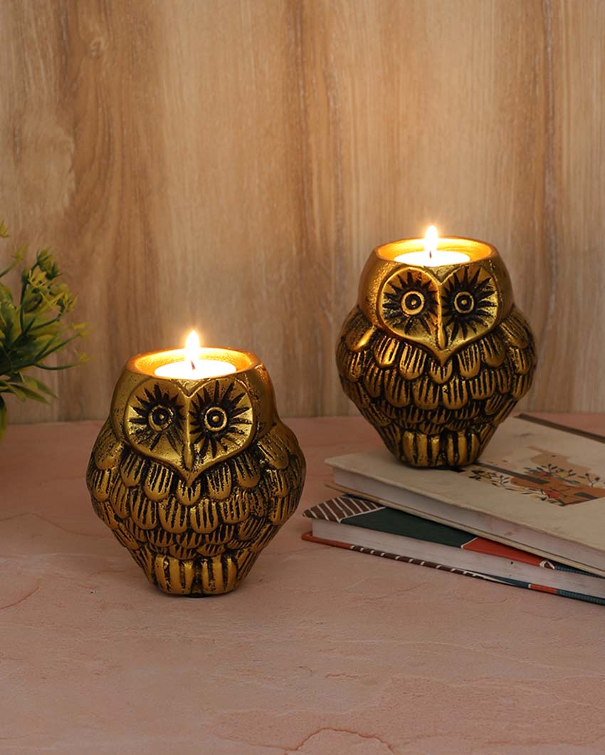 Aluminium Owl Tealight Holder Set Of 2 | 4 x 5 inches