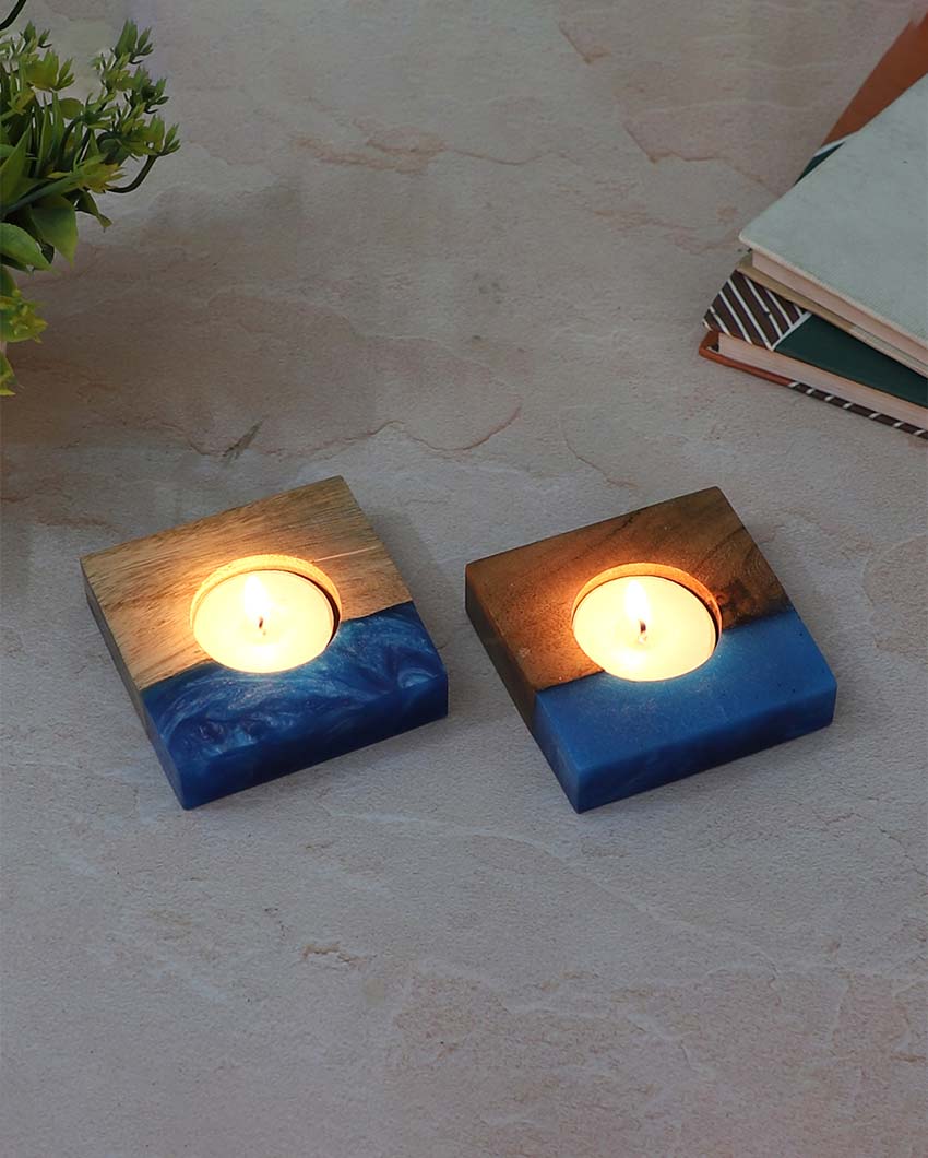 Resin & Mango Wood Tealight Holders | Set Of 2 | 3 x 3 inches