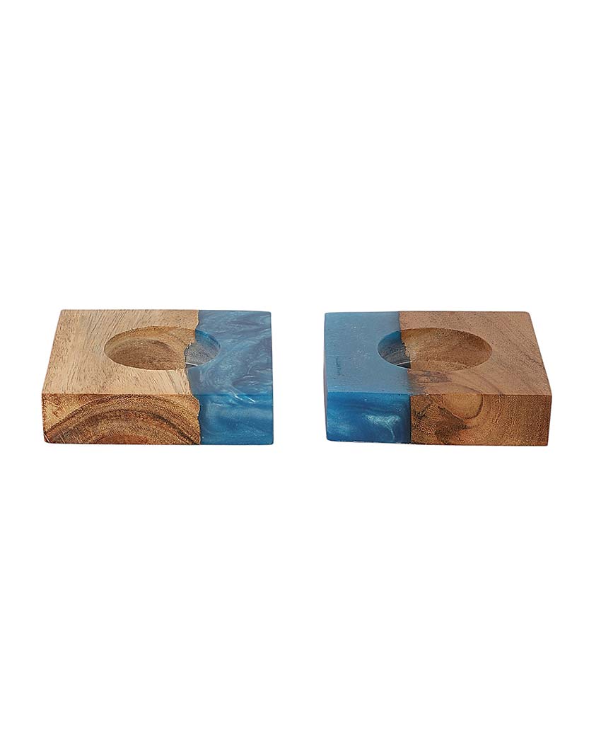 Resin & Mango Wood Tealight Holders | Set Of 2 | 3 x 3 inches