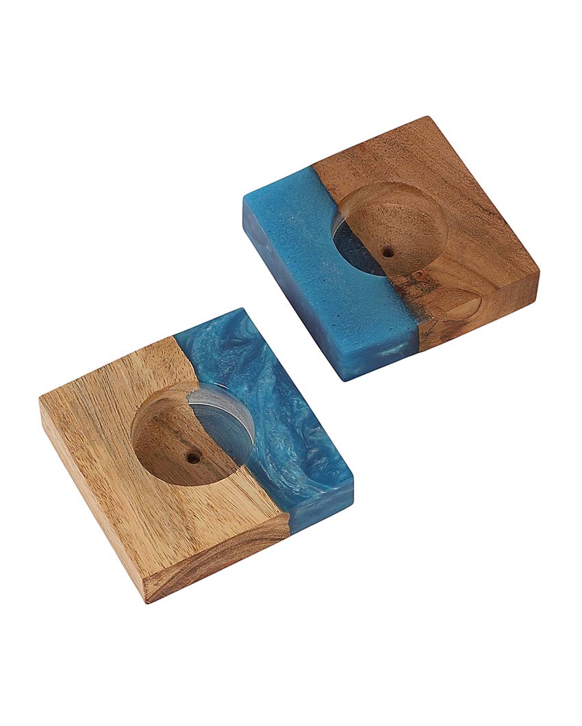 Resin & Mango Wood Tealight Holders | Set Of 2 | 3 x 3 inches