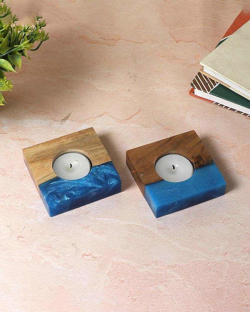 Resin & Mango Wood Tealight Holders | Set Of 2 | 3 x 3 inches