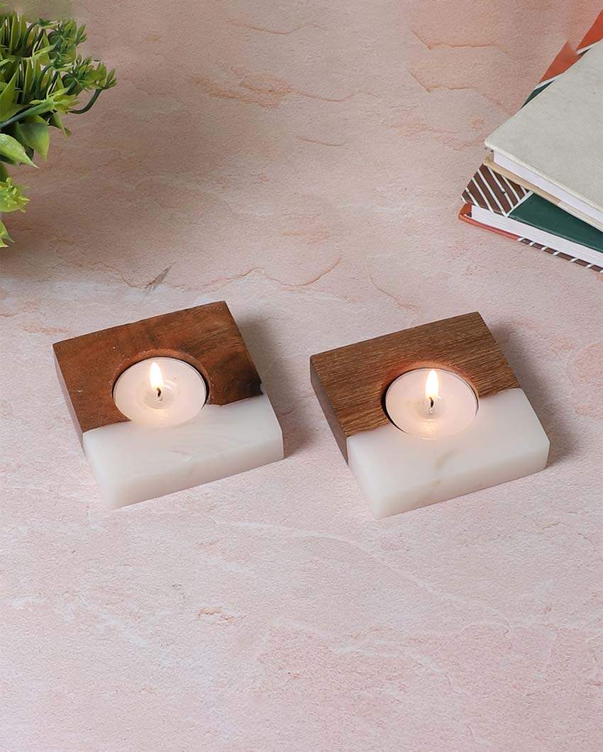 Resin & Mango Wood Tealight Holders | Set Of 2 | 3 x 3 inches