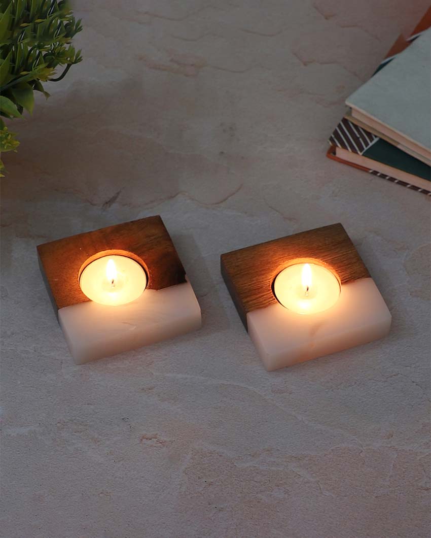 Resin & Mango Wood Tealight Holders | Set Of 2 | 3 x 3 inches