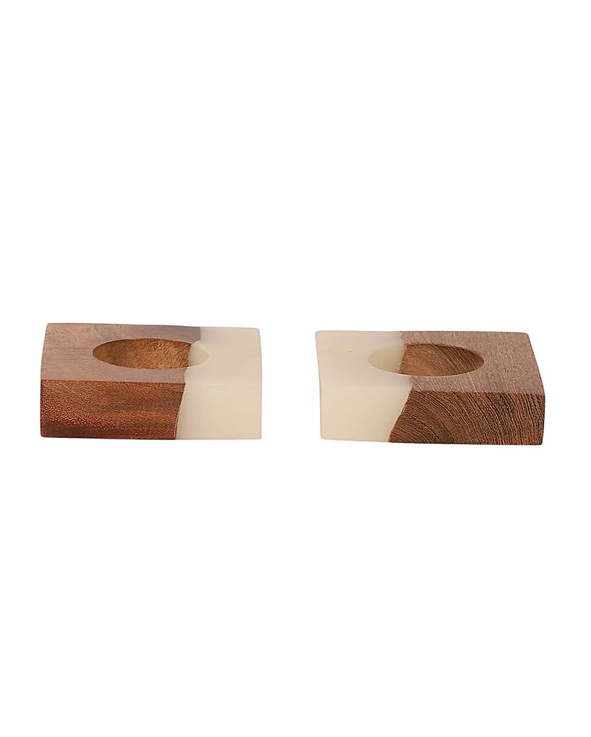 Resin & Mango Wood Tealight Holders | Set Of 2 | 3 x 3 inches