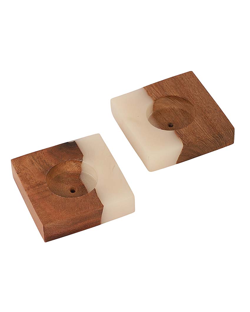 Resin & Mango Wood Tealight Holders | Set Of 2 | 3 x 3 inches