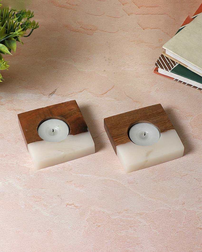 Resin & Mango Wood Tealight Holders | Set Of 2 | 3 x 3 inches