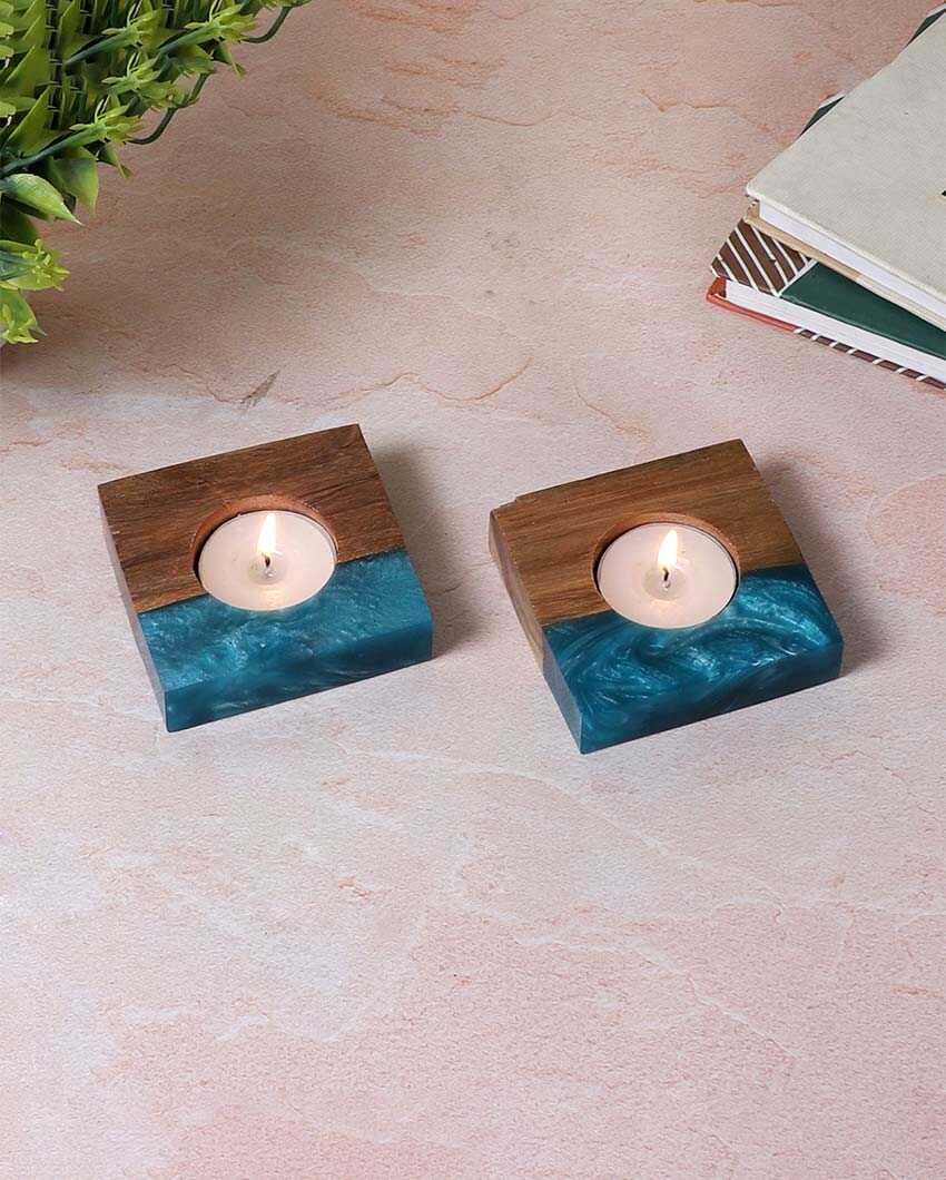 Resin & Mango Wood Tealight Holders | Set Of 2 | 3 x 3 inches