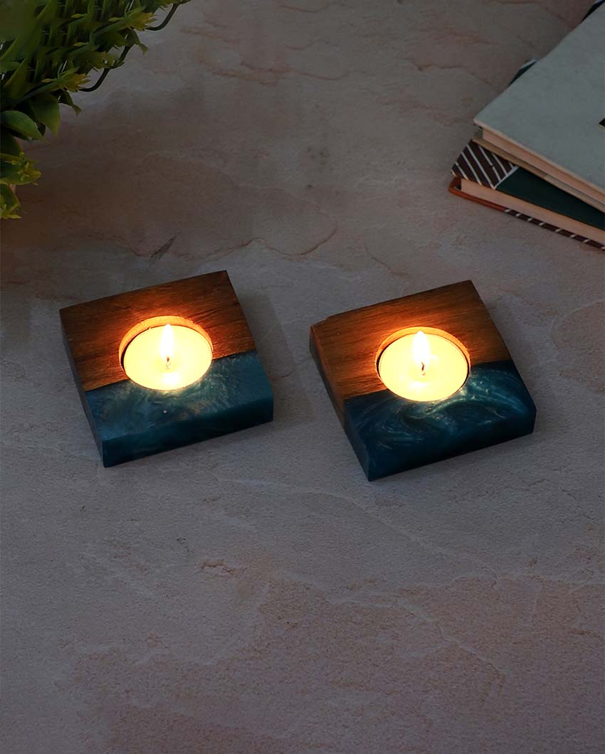 Resin & Mango Wood Tealight Holders | Set Of 2 | 3 x 3 inches