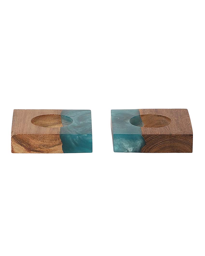 Resin & Mango Wood Tealight Holders | Set Of 2 | 3 x 3 inches