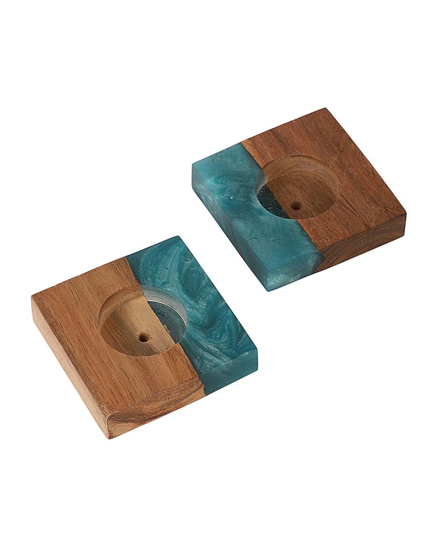 Resin & Mango Wood Tealight Holders | Set Of 2 | 3 x 3 inches