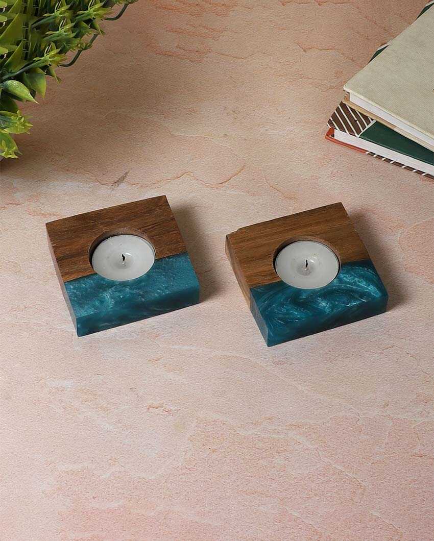 Resin & Mango Wood Tealight Holders | Set Of 2 | 3 x 3 inches