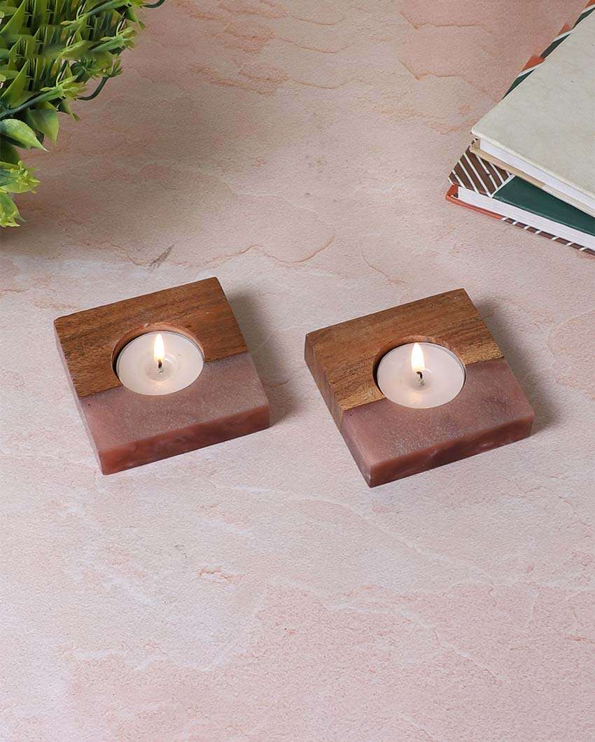 Resin & Mango Wood Tealight Holders | Set Of 2 | 3 x 3 inches