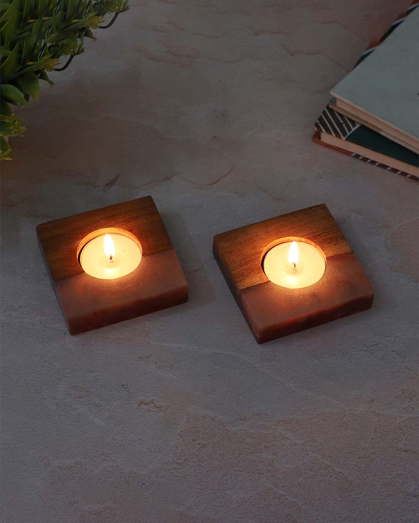 Resin & Mango Wood Tealight Holders | Set Of 2 | 3 x 3 inches