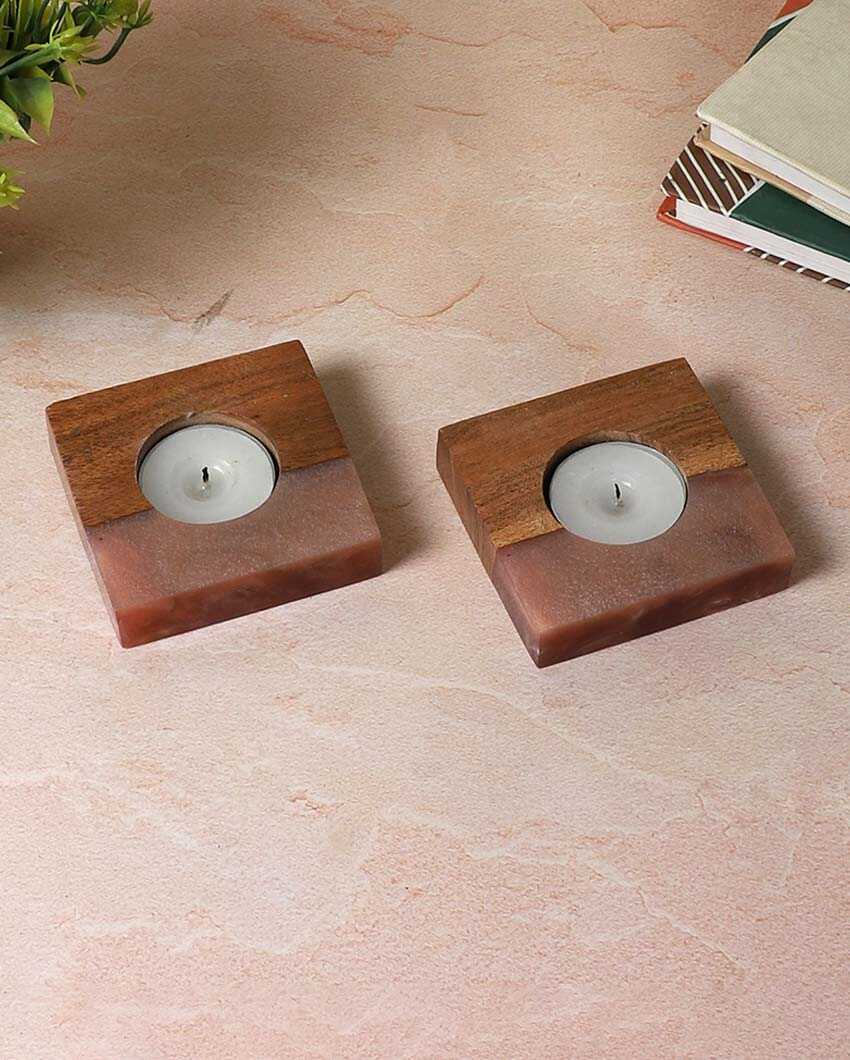 Resin & Mango Wood Tealight Holders | Set Of 2 | 3 x 3 inches