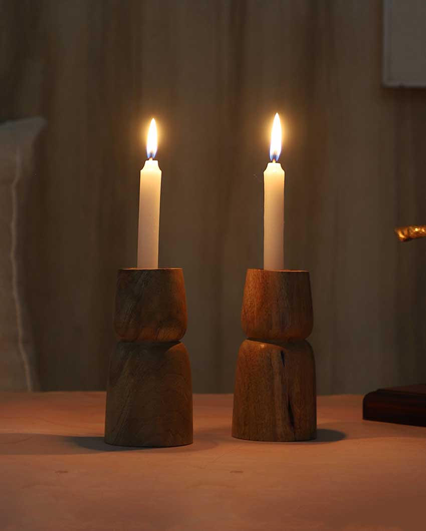 Mango Wood Two Layer Candle Stands | Set Of 2 | 3 x 6 inches