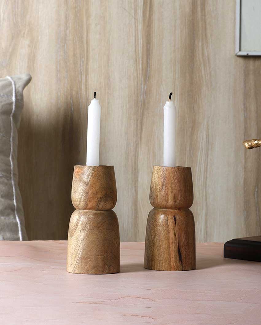Mango Wood Two Layer Candle Stands | Set Of 2 | 3 x 6 inches