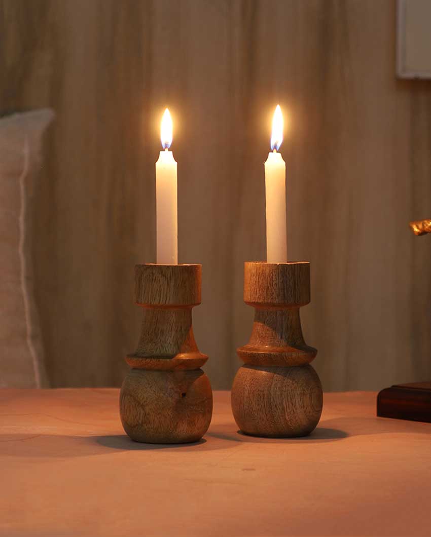 Mango wood Round Base Candle Stands | Set Of 2 | 2 x 6 inches
