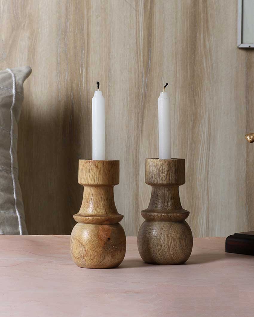Mango wood Round Base Candle Stands | Set Of 2 | 2 x 6 inches