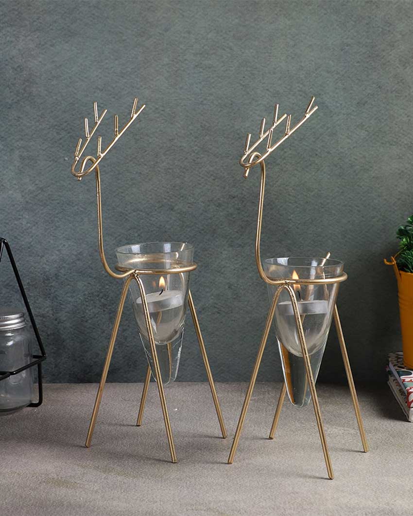Gold Deer Cone Glass Tealight Holders | Set Of 2 | 3 x 3 x 6 inches