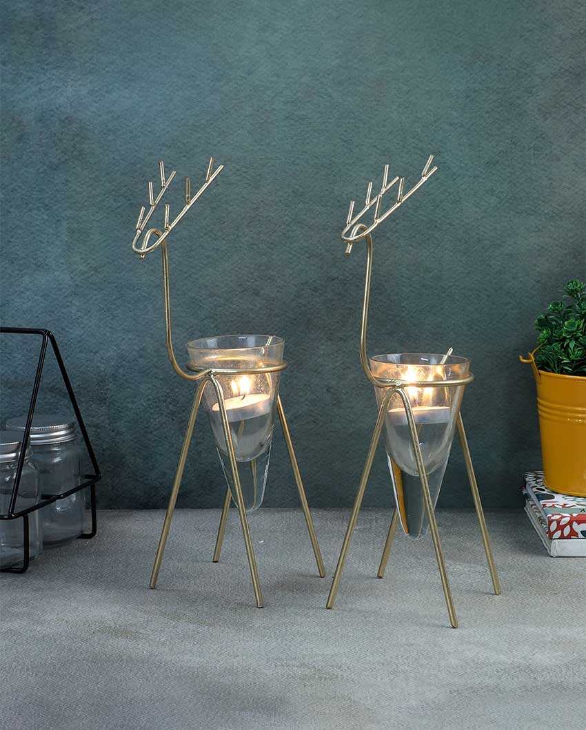Gold Deer Cone Glass Tealight Holders | Set Of 2 | 3 x 3 x 6 inches