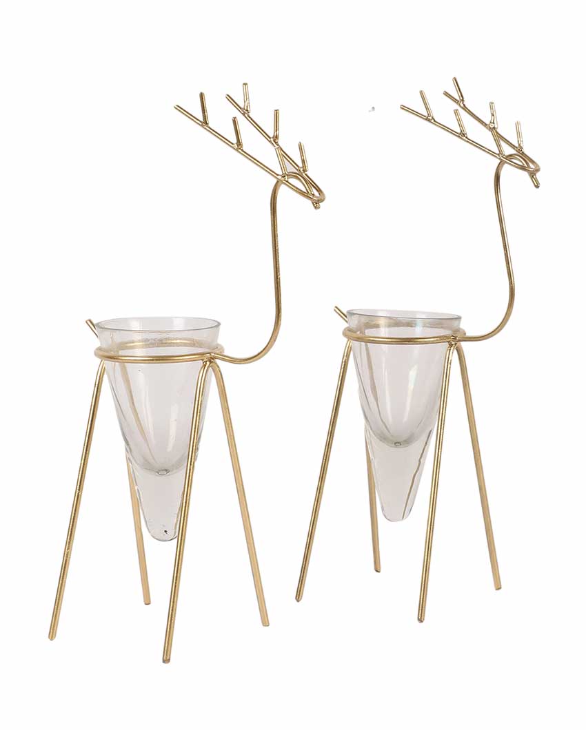 Gold Deer Cone Glass Tealight Holders | Set Of 2 | 3 x 3 x 6 inches