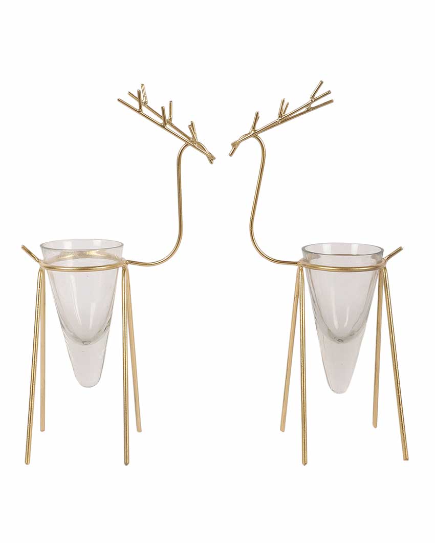 Gold Deer Cone Glass Tealight Holders | Set Of 2 | 3 x 3 x 6 inches