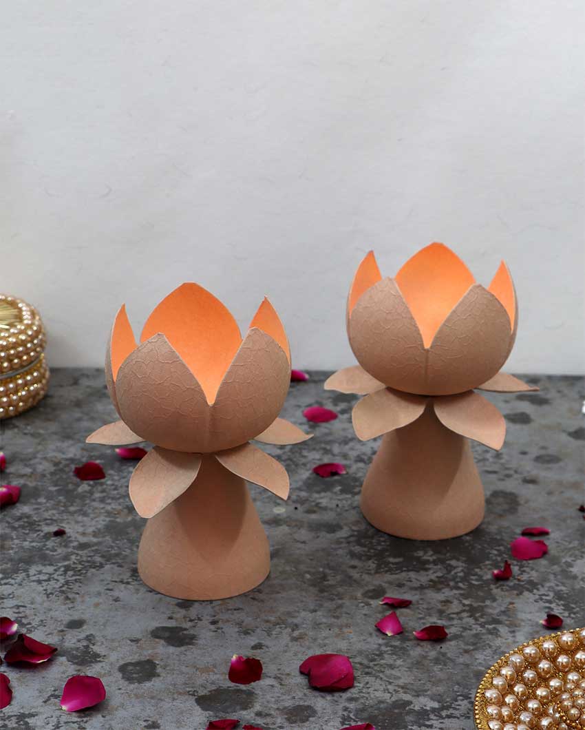 Beige Textured Lotus Tealight Holders | Set Of 2 | 5 x 7 inches