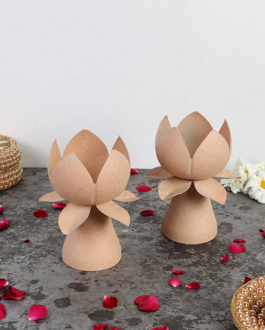 Beige Textured Lotus Tealight Holders | Set Of 2 | 5 x 7 inches