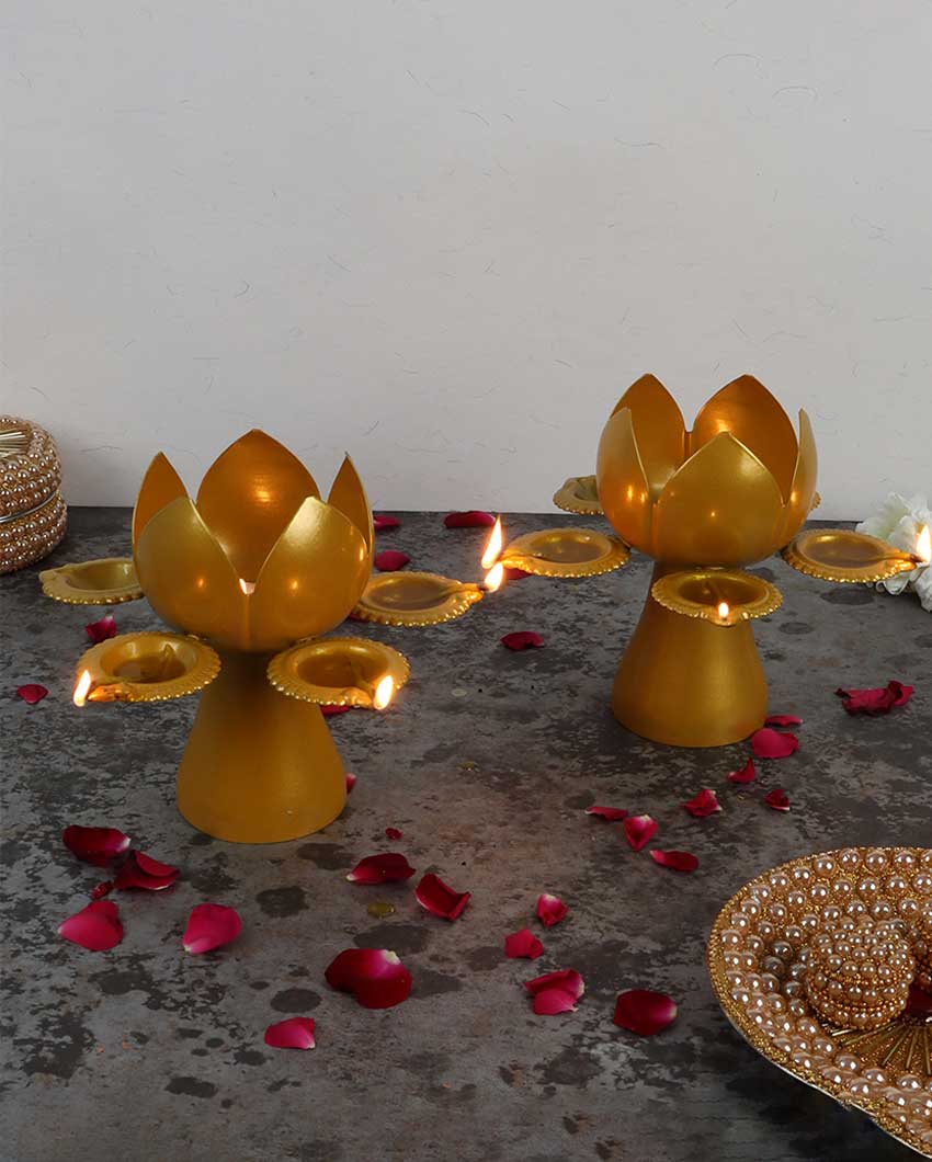 Gold Lotus Tealight Holders | Set Of 2 | 5 x 7 inches