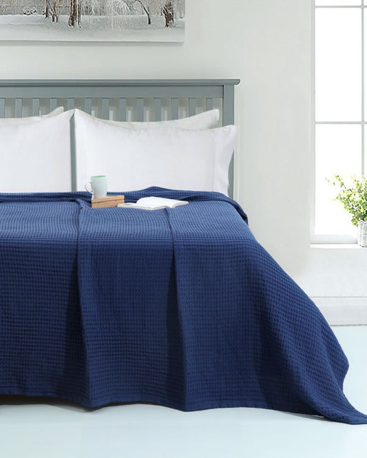 Navy Waffle Cotton Blanket 90 x 60 Inches