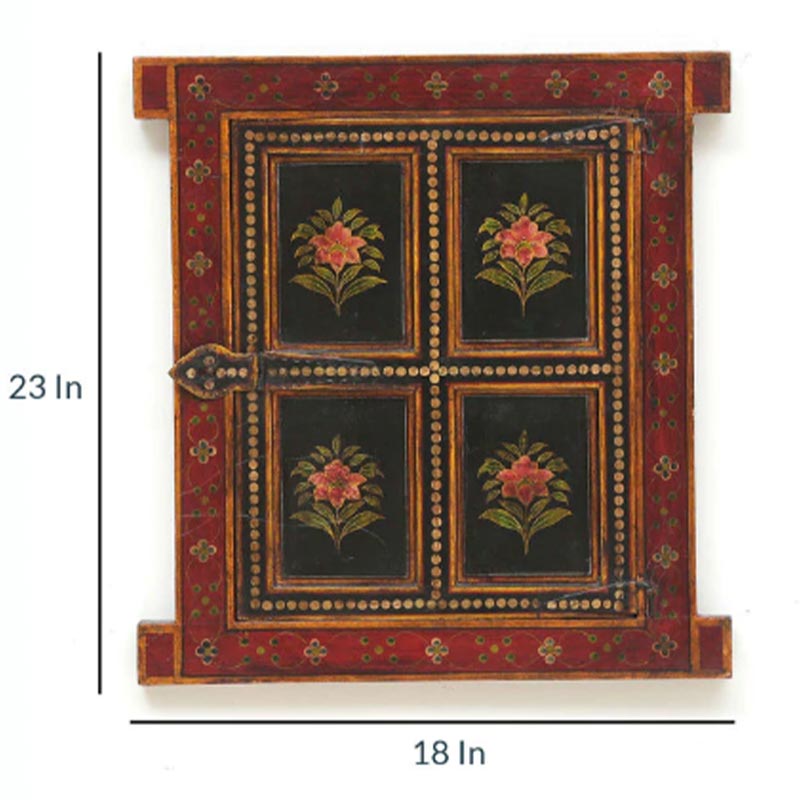 Red Flower Painted Rajasthani Jharokha Wooden Hanging Window Default Title