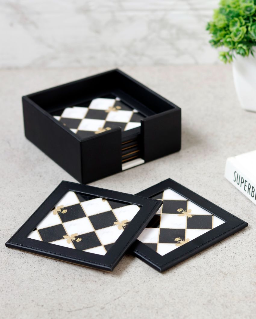 Stylish White & Black Design Bumblebee Coasters | Set of 6 | 4 inches