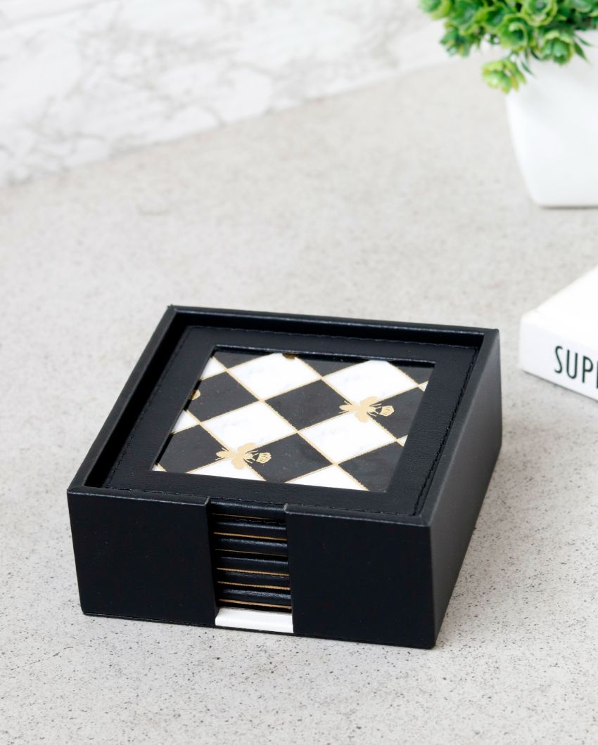 Stylish White & Black Design Bumblebee Coasters | Set of 6 | 4 inches